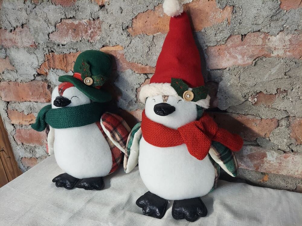 Christmas Penguin Holiday Decor Set 2 Plush Stuffed Animal Farmhouse Red Green